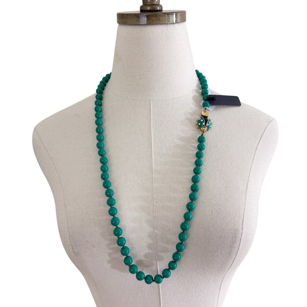NWT J. Crew Green Long Lariat Necklace with Ladybug Detail Rhinestone Accent